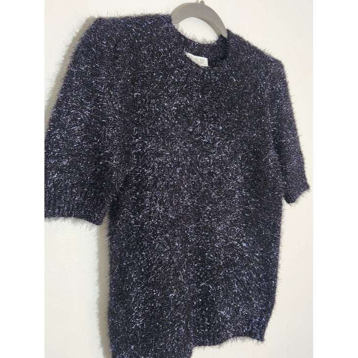 Rachel Zoe Black Metallic Fuzzy Short Sleeve Sweater Size Medium