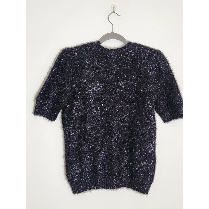 Rachel Zoe Black Metallic Fuzzy Short Sleeve Sweater Size Medium