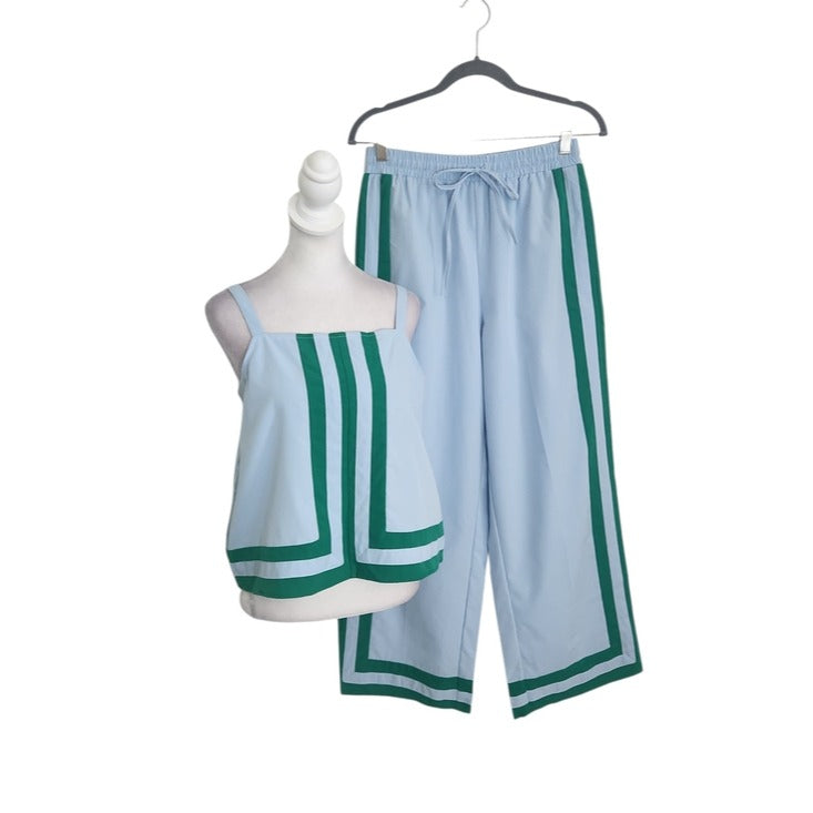 Light Blue and Green Sporty Matching Set Wide Leg Pants and Tank Top Size Small