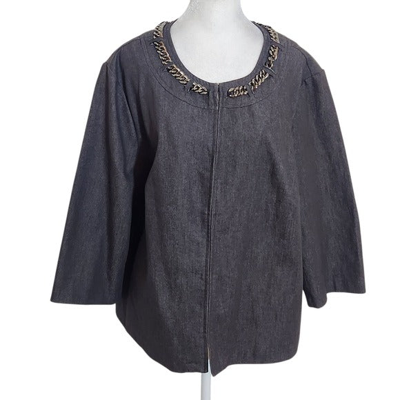 Cato Gray Denim Chain Embellished Jacket Size 18/20W Cato Woman Denim Jacket