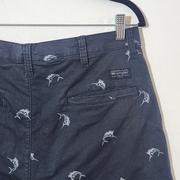 Wrangler Navy Men's Shorts with Sword Fish Print Size 34 Preppy Fishing Shorts