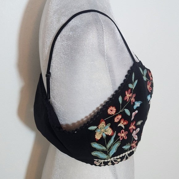 Forever 21 Boho Floral Embroidered Black Crop Top Size Large