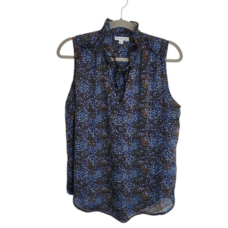 Ophelia Roe Blue and Brown Sheer Sleeveless Blouse Size Large