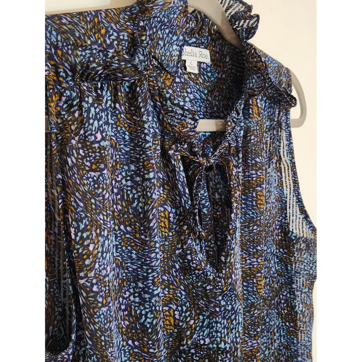Ophelia Roe Blue and Brown Sheer Sleeveless Blouse Size Large
