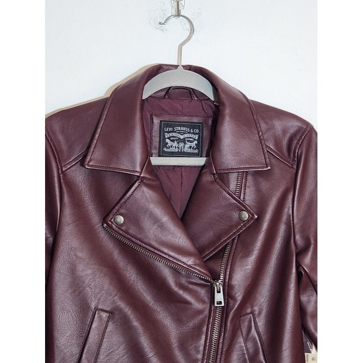 Levi's Womens Cropped Burgundy Faux Leather Moto Jacket Size Small NWT