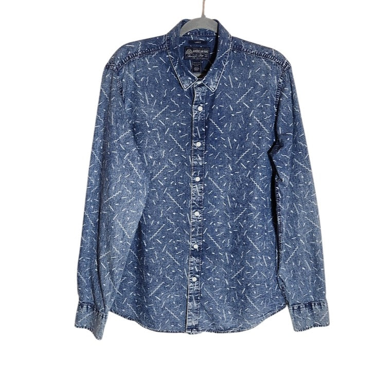 American Rag Blue Chambray Retro 80s Print Button Down Shirt Size Large