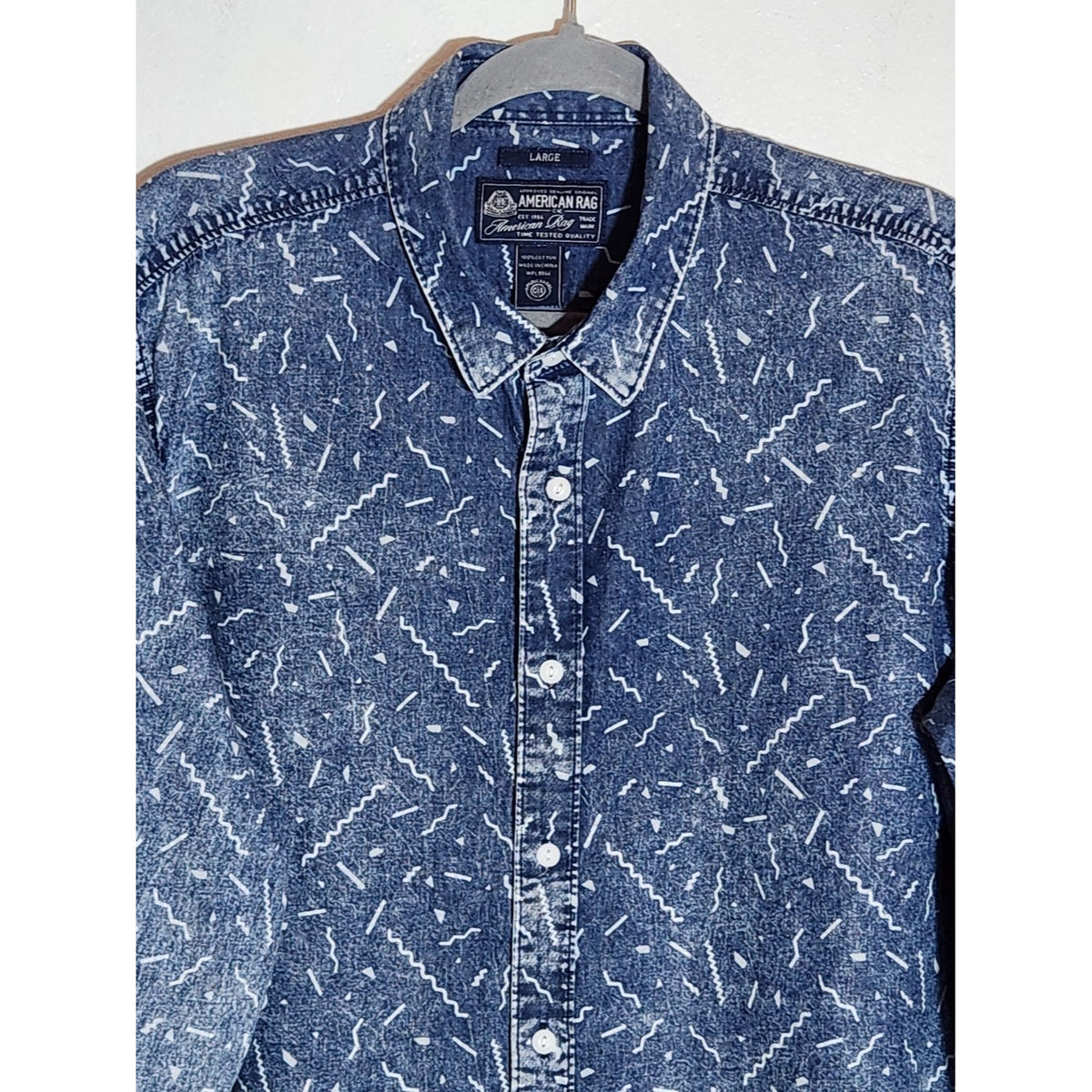 American Rag Blue Chambray Retro 80s Print Button Down Shirt Size Large