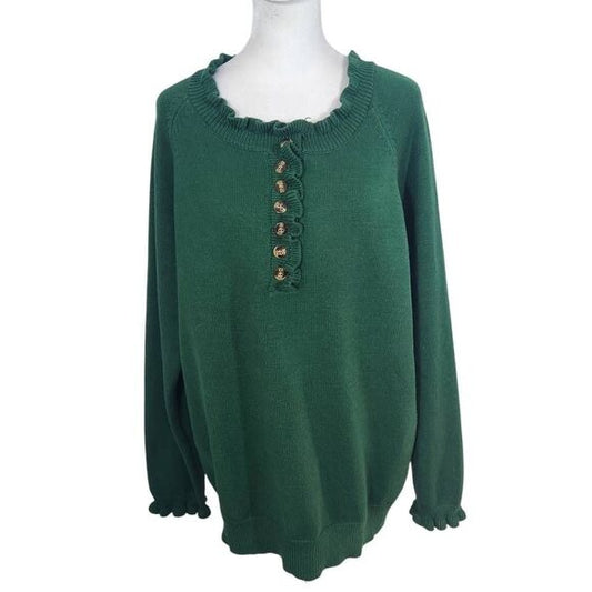 BTFBM Green Sweater with Ruffle and Button Detail Size XL Green Knit Sweater New