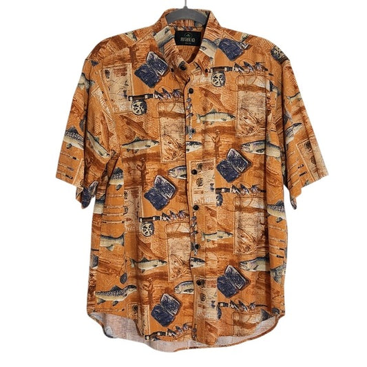 RedHead Orange and Blue Fishing Print Button Down Shirt Size Large