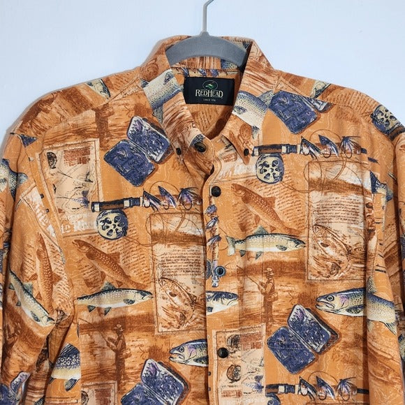 RedHead Orange and Blue Fishing Print Button Down Shirt Size Large