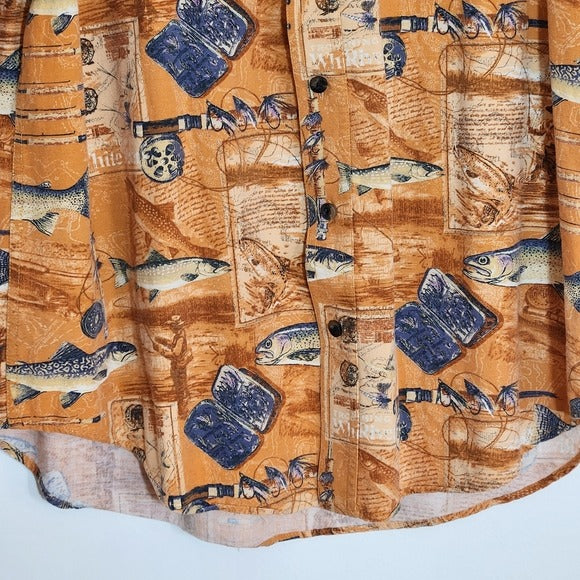 RedHead Orange and Blue Fishing Print Button Down Shirt Size Large