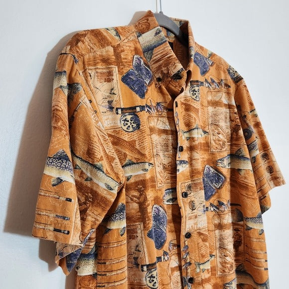 RedHead Orange and Blue Fishing Print Button Down Shirt Size Large