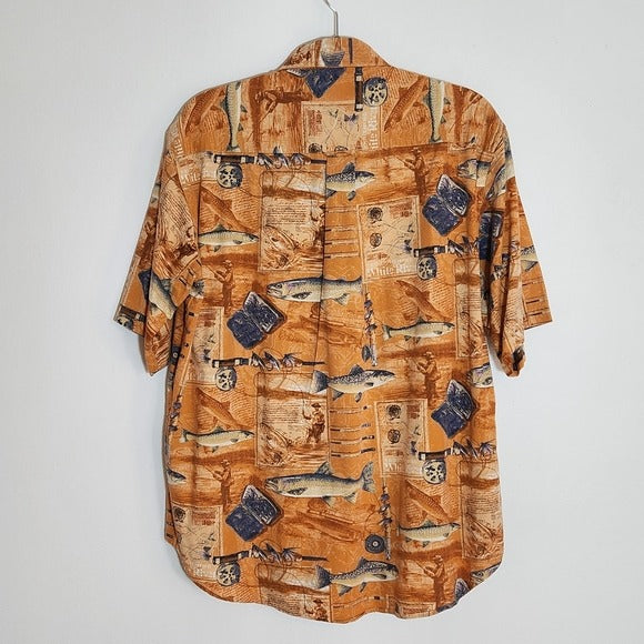 RedHead Orange and Blue Fishing Print Button Down Shirt Size Large