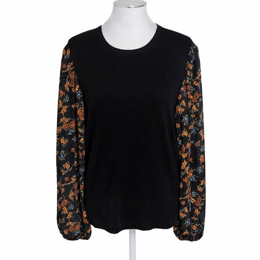 Daniel Rainn Black Knit Top With Sheer Floral Sleeves Size Small NWT