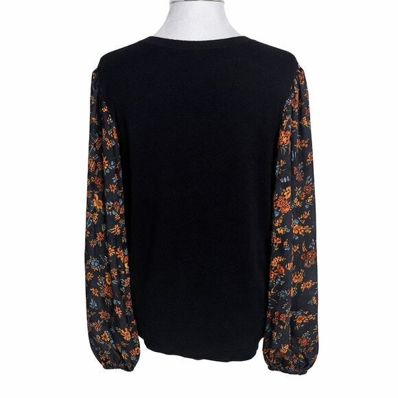 Daniel Rainn Black Knit Top With Sheer Floral Sleeves Size Small NWT