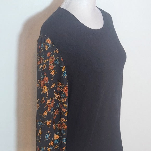 Daniel Rainn Black Knit Top With Sheer Floral Sleeves Size Small NWT