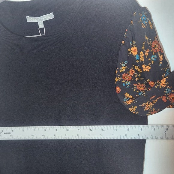 Daniel Rainn Black Knit Top With Sheer Floral Sleeves Size Small NWT