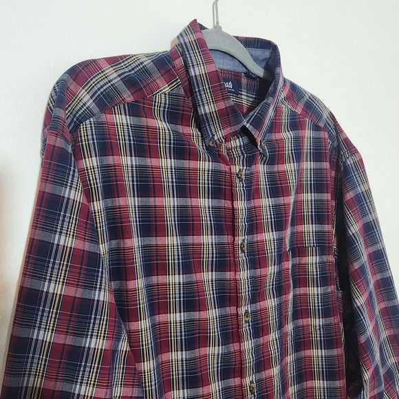 Roundtree & Yorke Casuals Red and Navy Plaid Button Down Shirt Size XL Tall