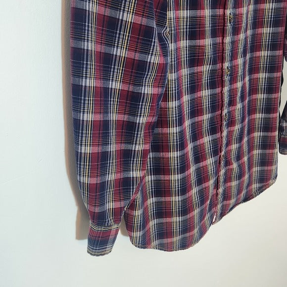 Roundtree & Yorke Casuals Red and Navy Plaid Button Down Shirt Size XL Tall