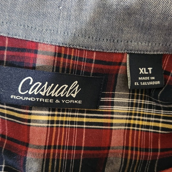 Roundtree & Yorke Casuals Red and Navy Plaid Button Down Shirt Size XL Tall