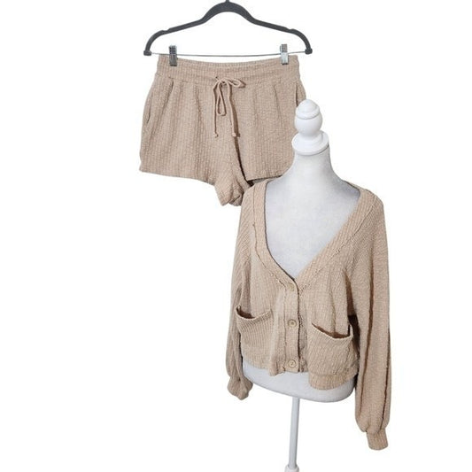 LA Hearts Beige Textured Knit Cardigan and Shorts Matching Set Size Medium