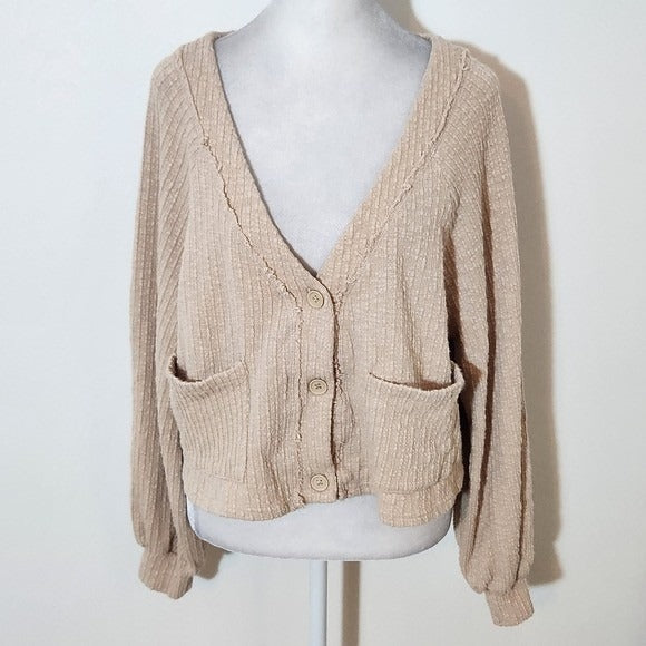 LA Hearts Beige Textured Knit Cardigan and Shorts Matching Set Size Medium