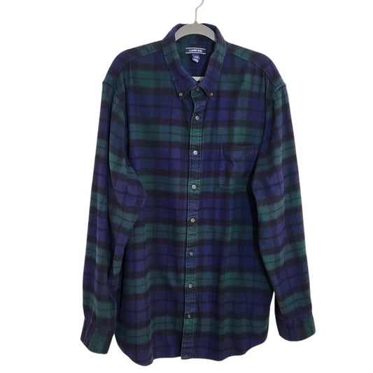 Lands End Mens Green and Navy Flannel Shirt Size XXL Tall