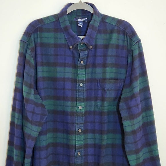 Lands End Mens Green and Navy Flannel Shirt Size XXL Tall
