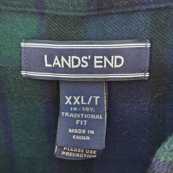 Lands End Mens Green and Navy Flannel Shirt Size XXL Tall