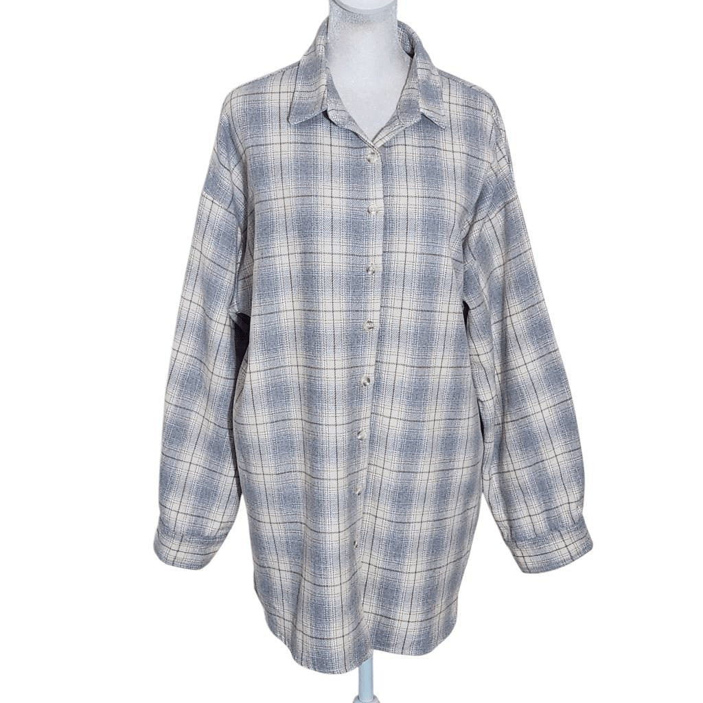 Polagram Gray Plaid Shacket Size Large Gray and Brown Plaid Flannel