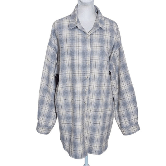 Polagram Gray Plaid Shacket Size Large Gray and Brown Plaid Flannel