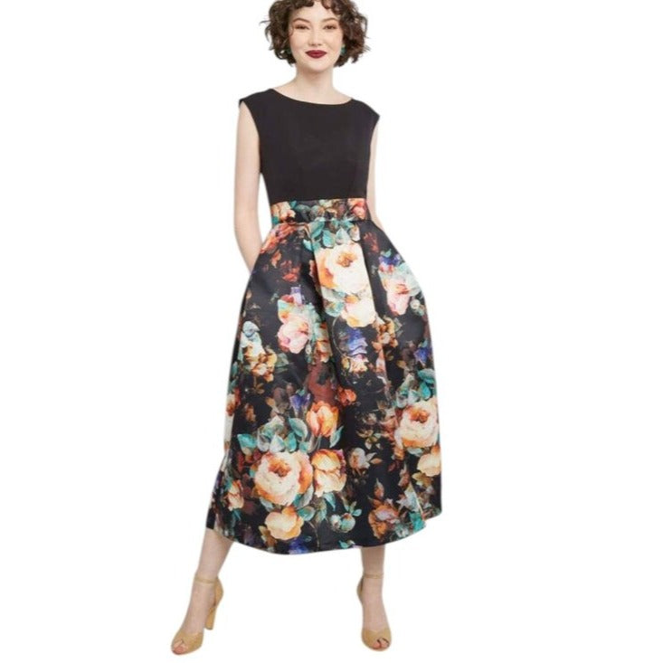 Closet London Black Floral Midi Dress Size 4 NWT Wedding Guest Dress