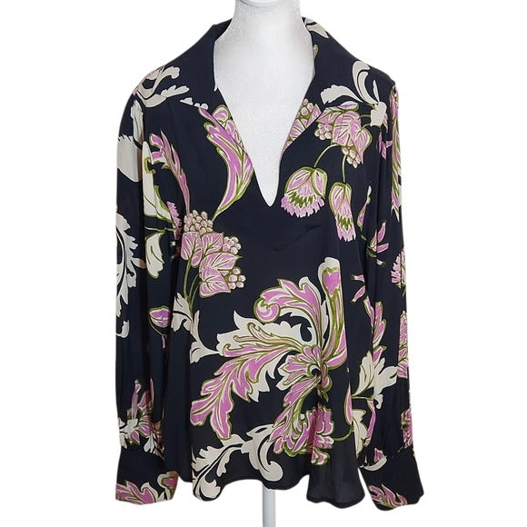 Karen Kane Black and Pink Floral Print Blouse Size Large NWT