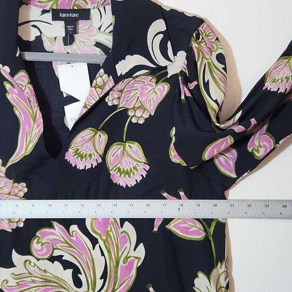 Karen Kane Black and Pink Floral Print Blouse Size Large NWT