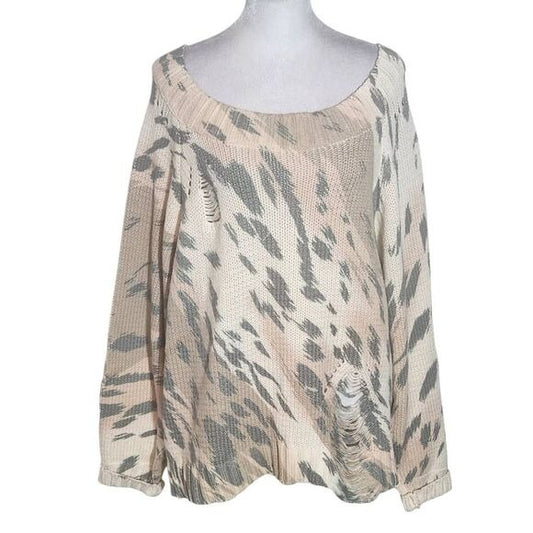 Umgee Cream and Gray Distressed Oversized Leopard Print Sweater Size Small New