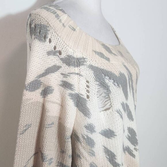 Umgee Cream and Gray Distressed Oversized Leopard Print Sweater Size Small New