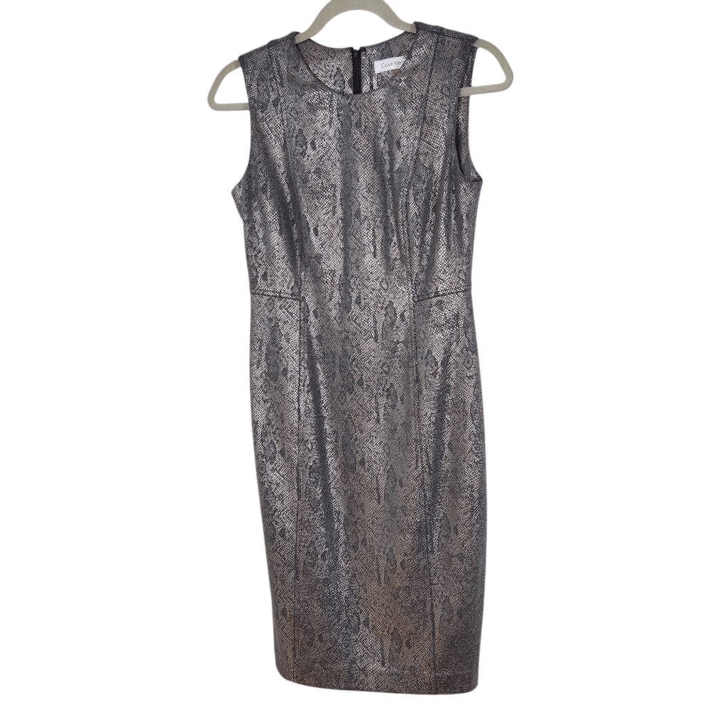 Calvin Klein Silver Snakeskin Sleeveless Sheath Dress Size 2 Wedding Guest Dress