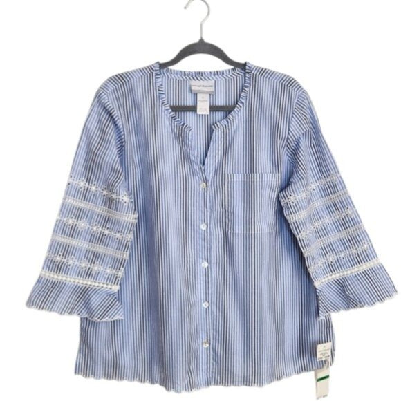 Alfred Dunner Blue and White Striped Button Up Blouse Size Petite Large NWT