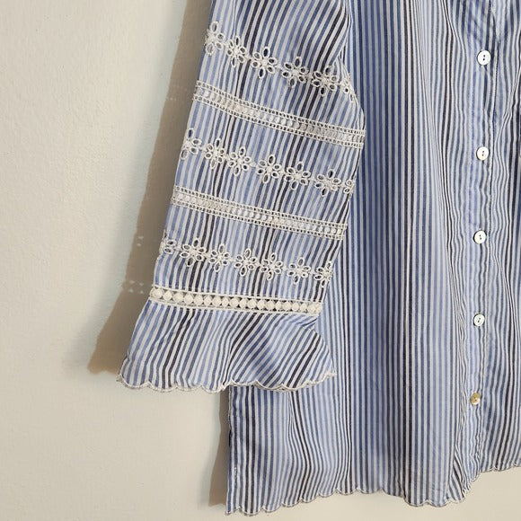 Alfred Dunner Blue and White Striped Button Up Blouse Size Petite Large NWT