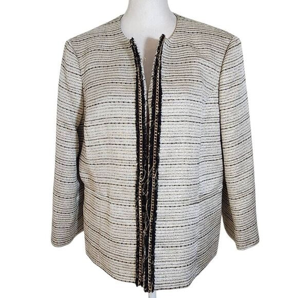 Kasper Silver and Black Blazer Size 12 Petite Kasper Dressy Collarless Blazer