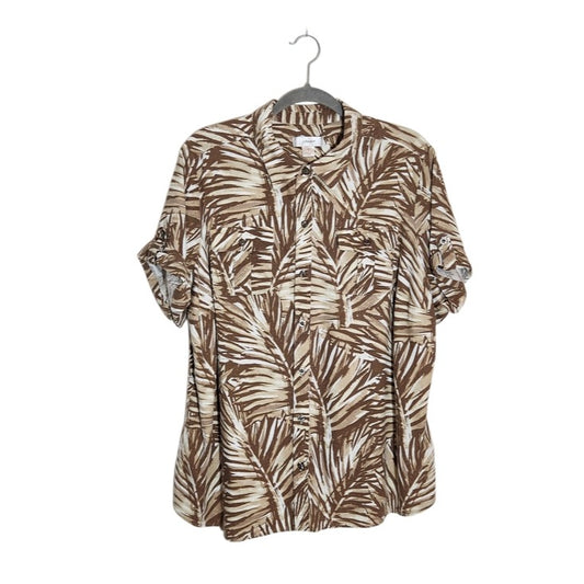 CJ Banks Linen Blend Brown and Tan Palm Print Camp Shirt Size 2X