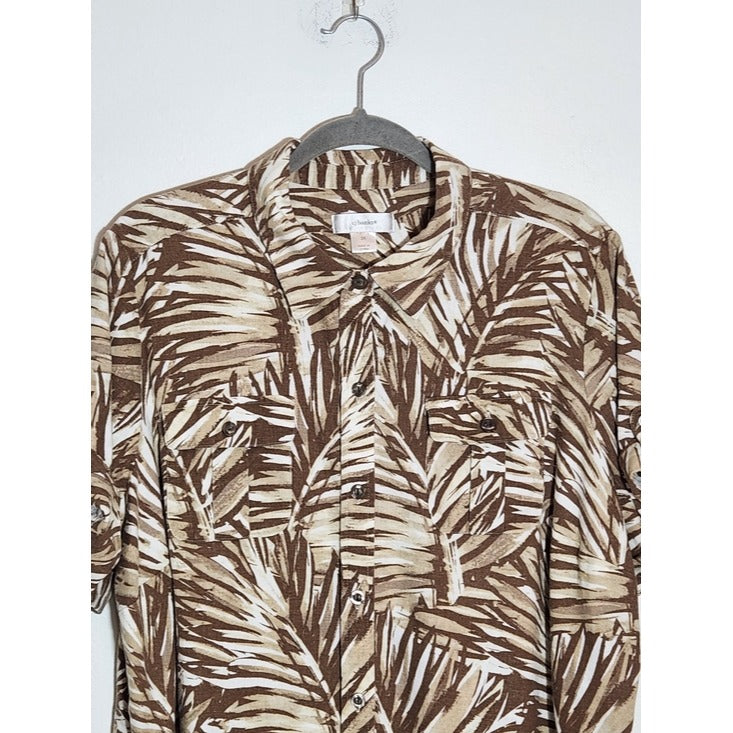 CJ Banks Linen Blend Brown and Tan Palm Print Camp Shirt Size 2X