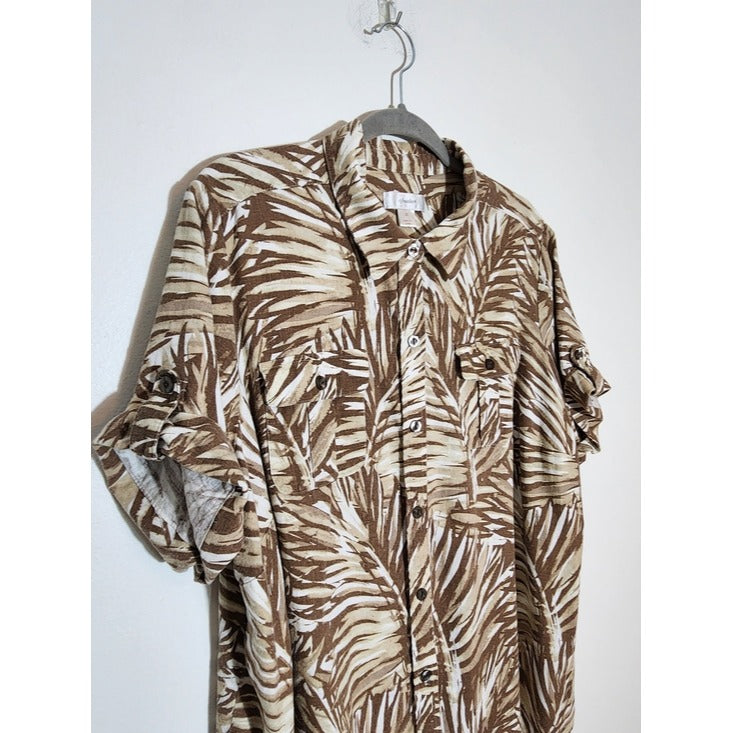 CJ Banks Linen Blend Brown and Tan Palm Print Camp Shirt Size 2X