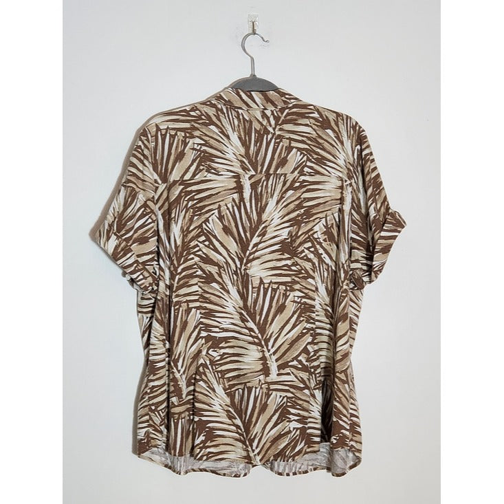 CJ Banks Linen Blend Brown and Tan Palm Print Camp Shirt Size 2X
