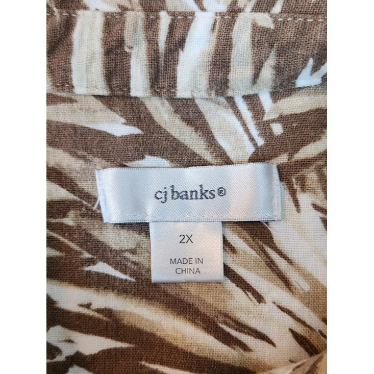 CJ Banks Linen Blend Brown and Tan Palm Print Camp Shirt Size 2X