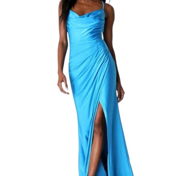 Lulus Formal Blue Maxi Dress with Cowl Neckline and Crisscross Back Size Medium