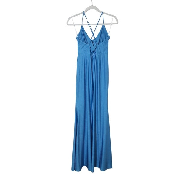 Lulus Formal Blue Maxi Dress with Cowl Neckline and Crisscross Back Size Medium
