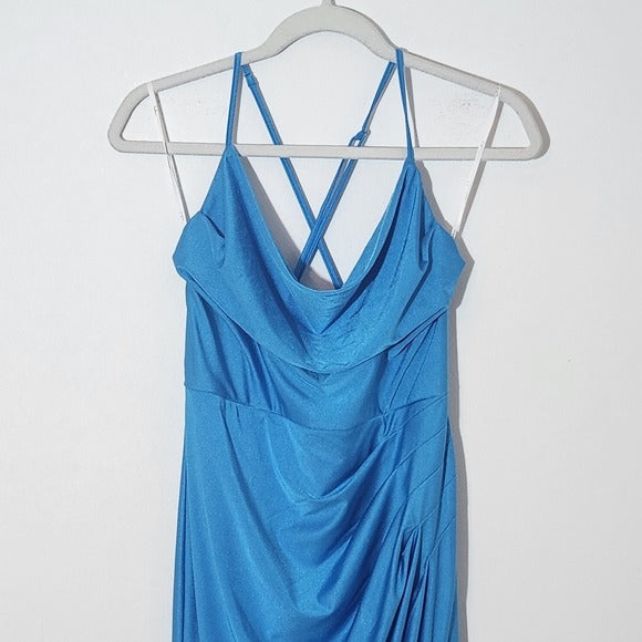 Lulus Formal Blue Maxi Dress with Cowl Neckline and Crisscross Back Size Medium