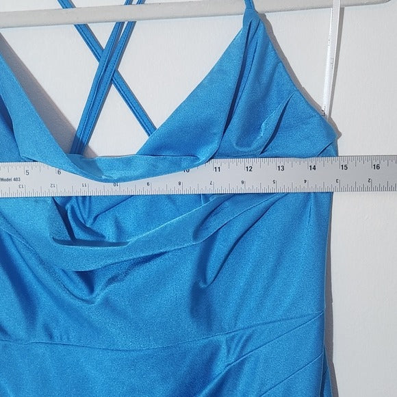 Lulus Formal Blue Maxi Dress with Cowl Neckline and Crisscross Back Size Medium