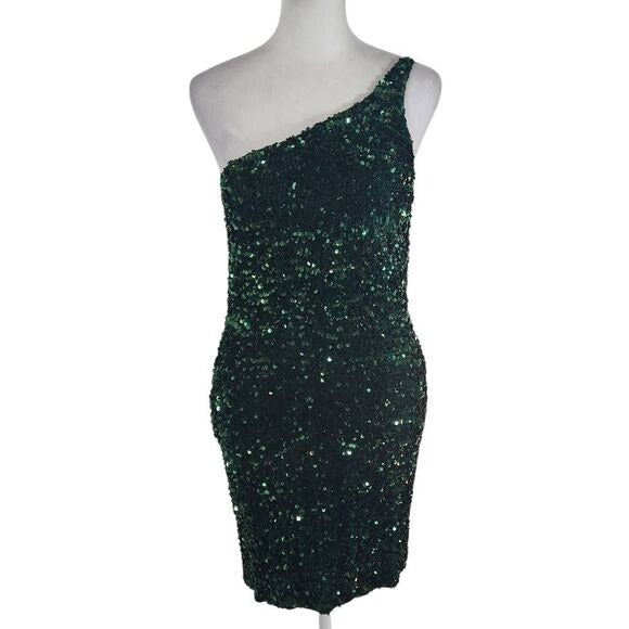 Mi Ami Green Sequin One Shoulder Mini Dress NWOT Size Small Formal Sequin Dress